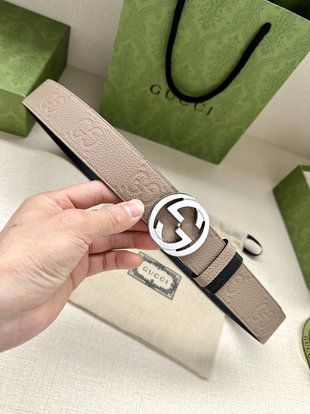 Gucci Beige Leather Belt Silver GG Buckle