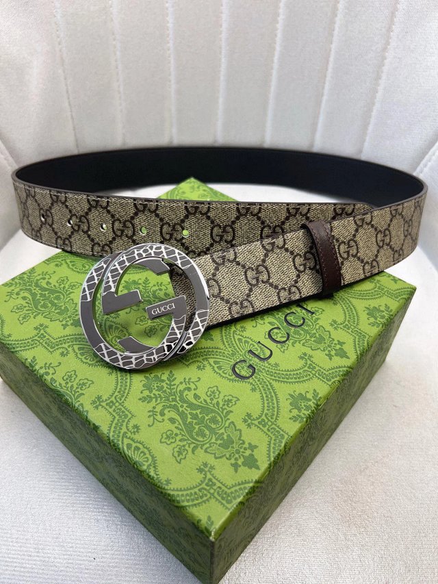 Gucci GG Supreme Beige Leather Belt Silver Buckle Unisex