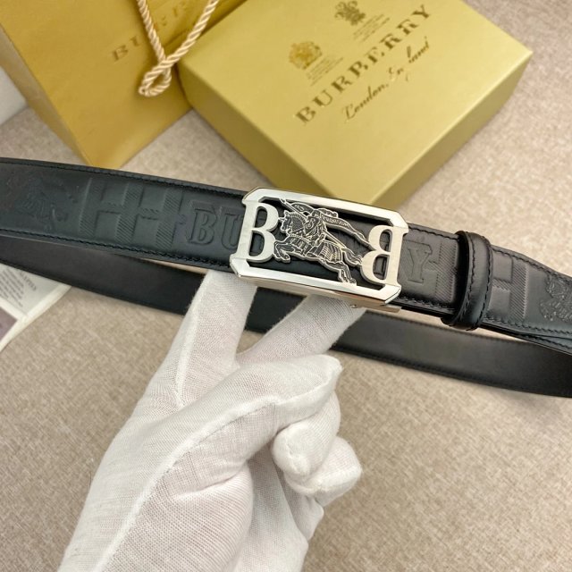 Burberry Black Leather Belt Silver B Buckle