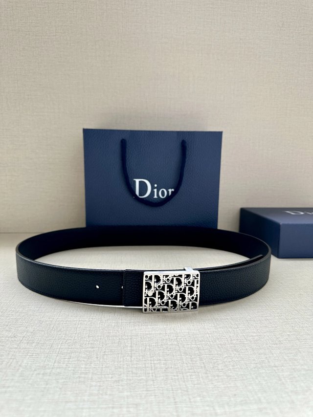Dior Men Black Calfskin Belt Silver CD Buckle Luxury