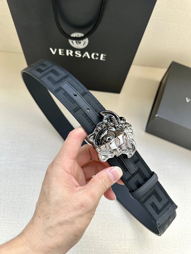 Versace Men Black Leather Belt Silver Medusa Buckle