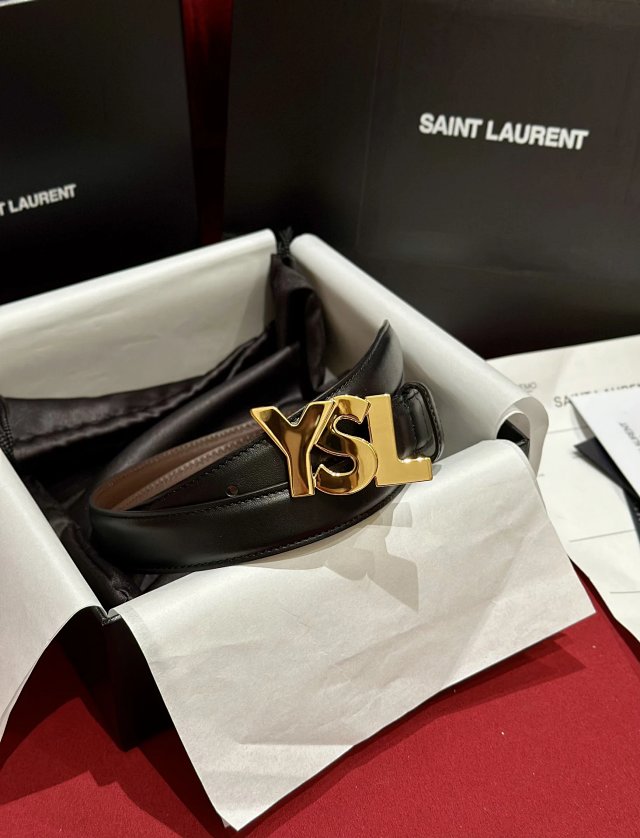 Saint Laurent YSL Gold Buckle Black Leather Belt