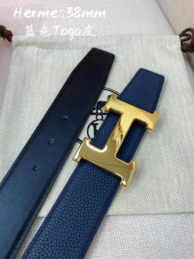 Hermes 38mm Blue Togo Leather Gold H Belt