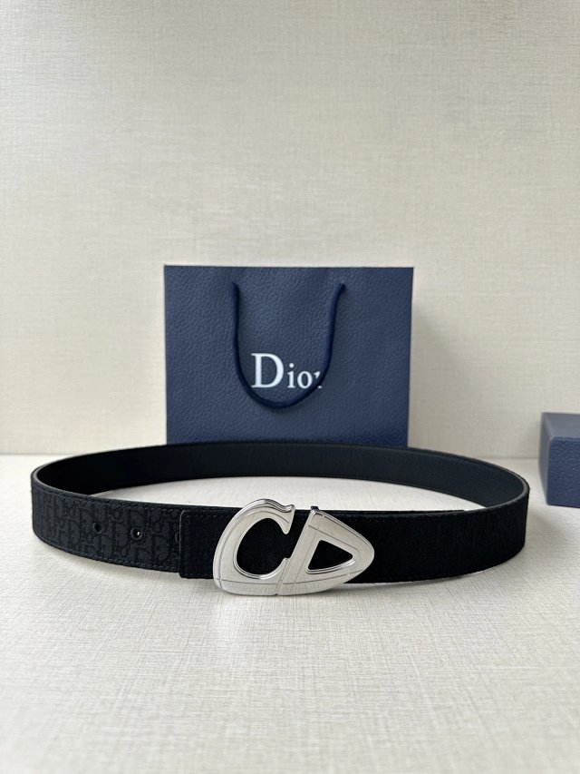Dior Oblique Black Leather Men Belt Silver Buckle