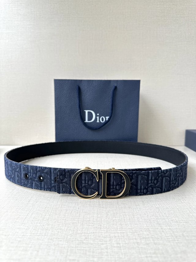 Dior Men Oblique Blue Leather Belt Gold CD Buckle