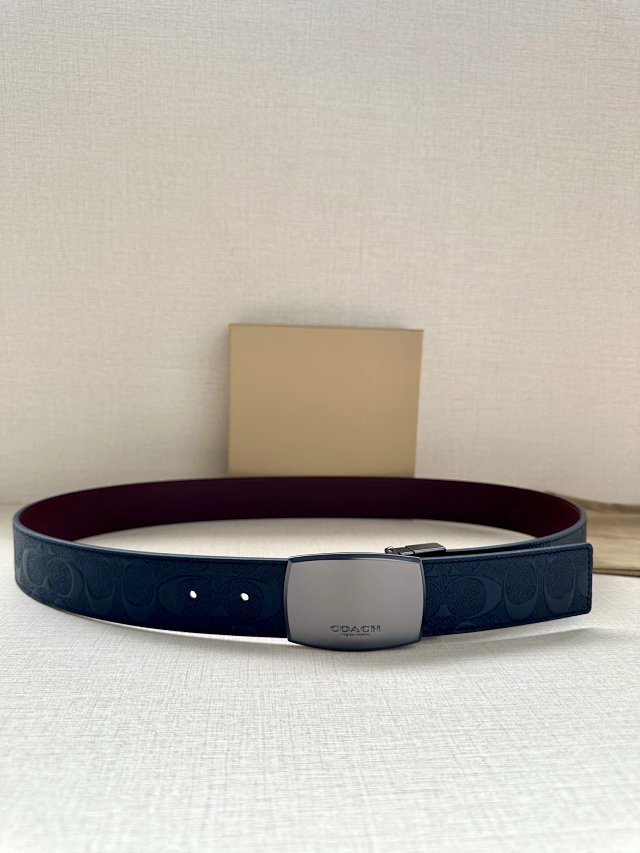 Coach Men’s Dark Blue Leather Belt Silver Buckle