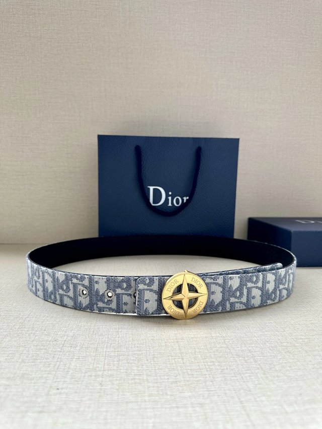 Dior Oblique Gray Blue Belt Gold Star Buckle Unisex