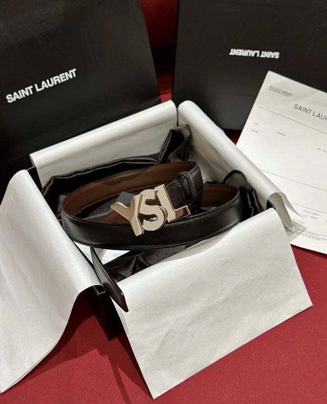 Saint Laurent Black Leather Belt Gold YSL Buckle