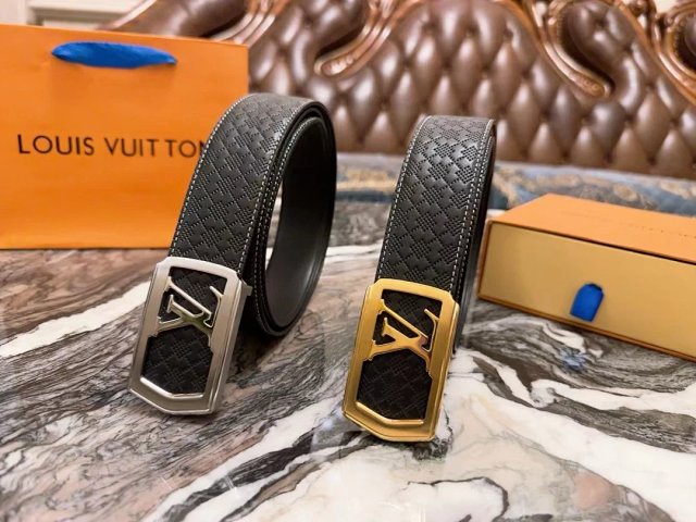 Louis Vuitton Men Belt Black Check Leather LV Buckle  