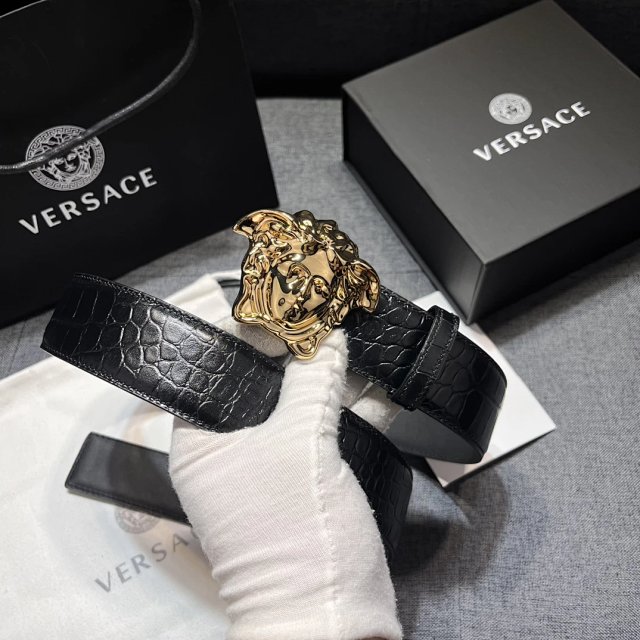 Versace Versace Medusa Black Crocodile Leather Gold Buckle Belt - Buy on Mulebuy Sheets