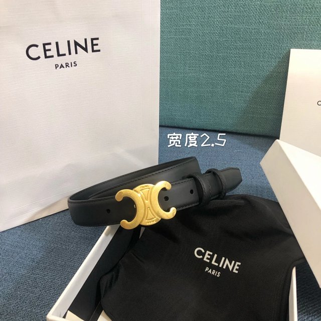 CELINE Triomphe Black Leather Belt Gold Buckle 2.5cm