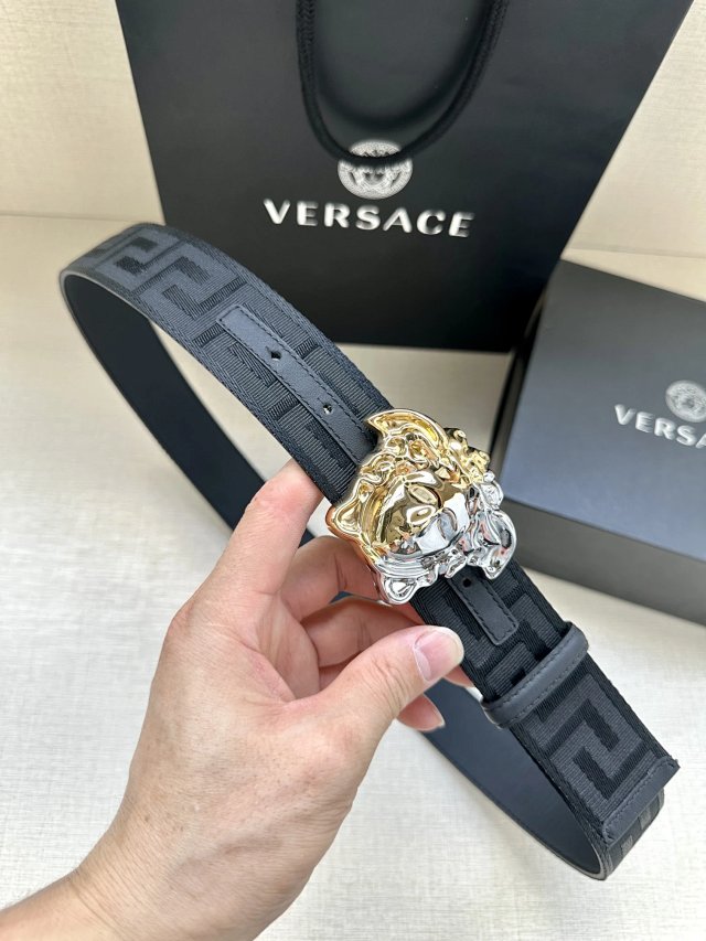 Versace Medusa Black Leather Belt Gold Silver Buckle