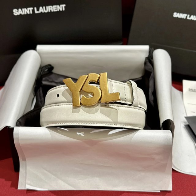 Saint Laurent White Leather Belt Gold YSL Buckle