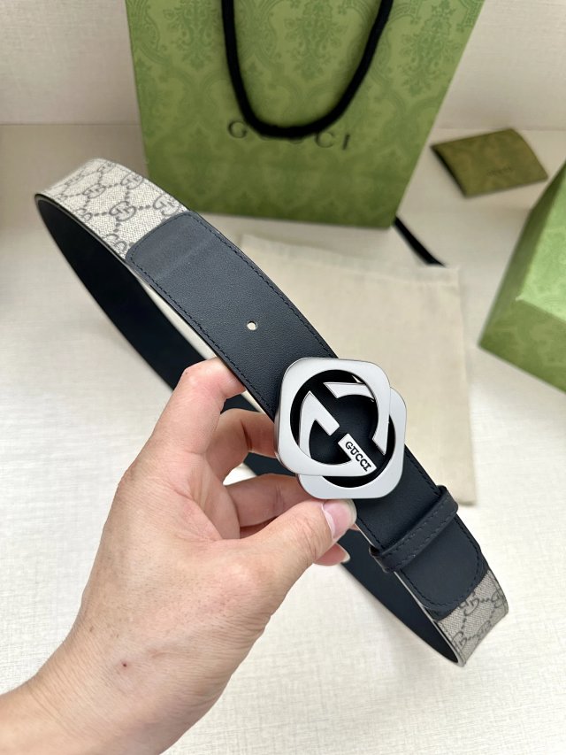 Gucci GG Black Grey Leather Belt Double G Buckle