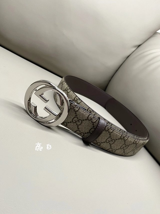 Gucci GG Light Khaki Leather Belt Silver Buckle Unisex