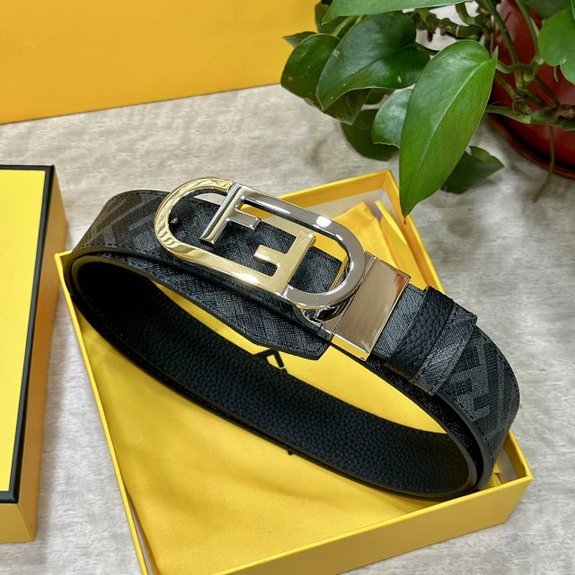 Fendi Men Black Leather Belt Gold FF Buckle