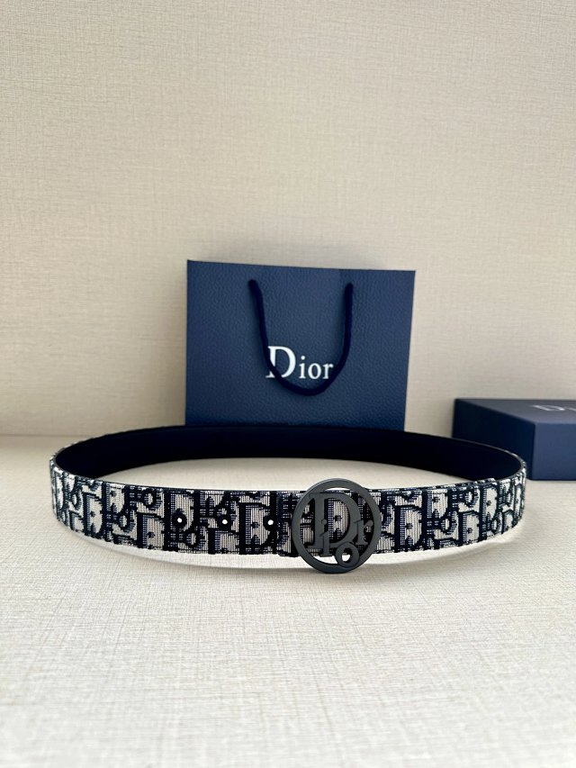 Dior Oblique Black White Fabric Belt CD Buckle Unisex