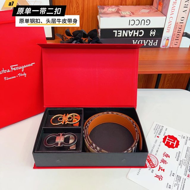 Salvatore Ferragamo Men Double Gancini Leather Belt Brown