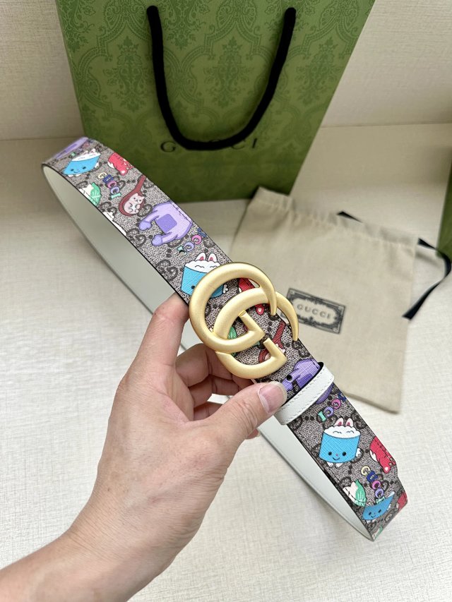 Gucci GG Cartoon Print Gold Buckle Leather Belt