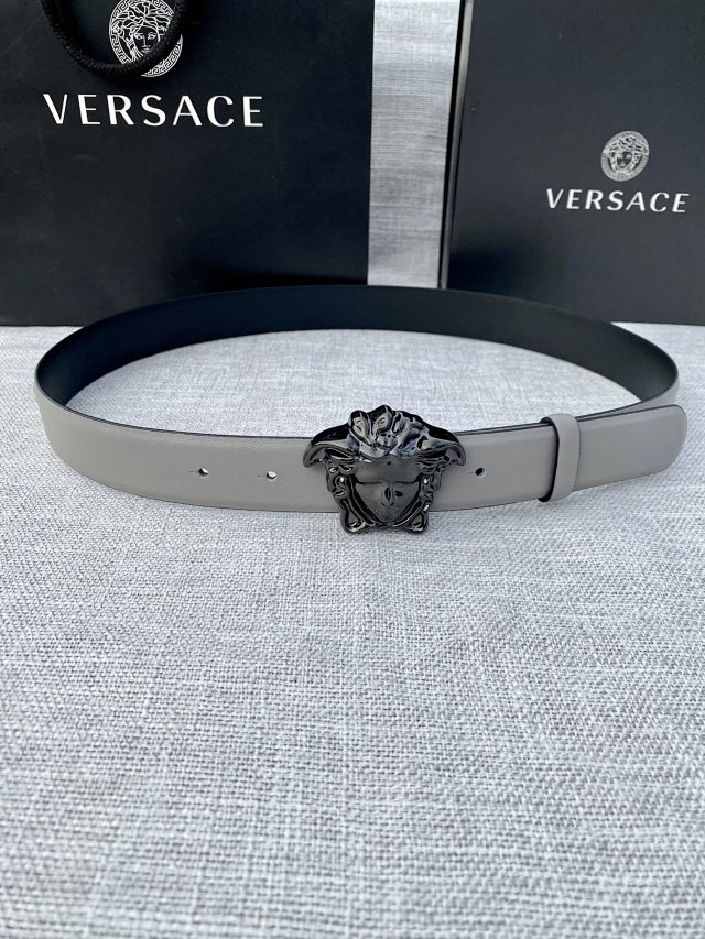 Versace Grey Leather Belt Black Medusa Buckle Unisex