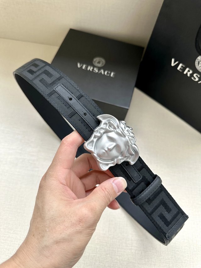 Versace Medusa Black Leather Belt Silver Buckle