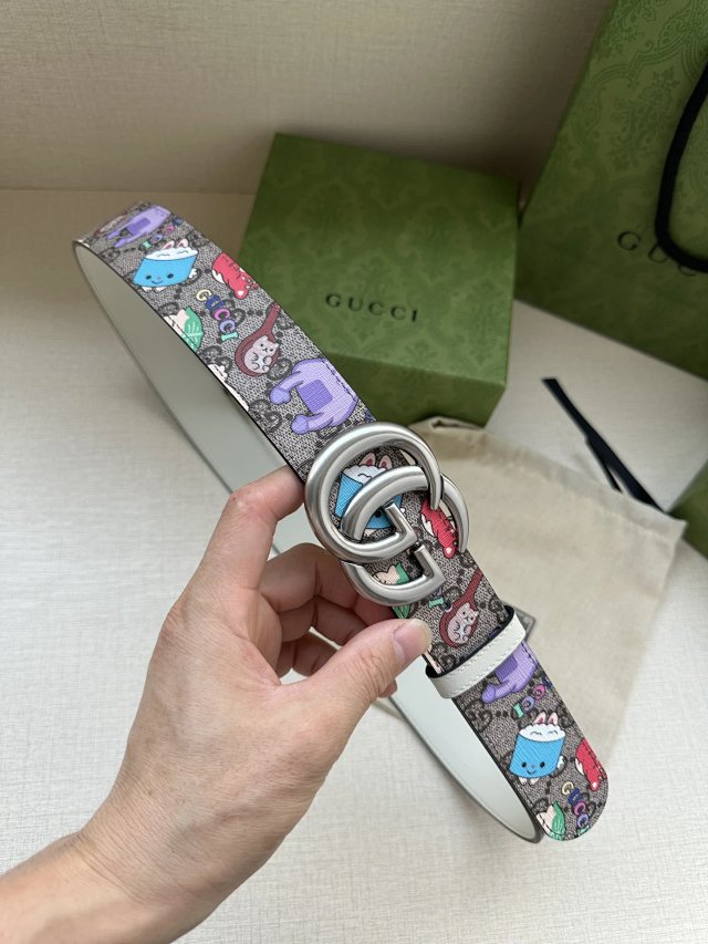Gucci Cartoon Gray Leather Double G Belt Unisex