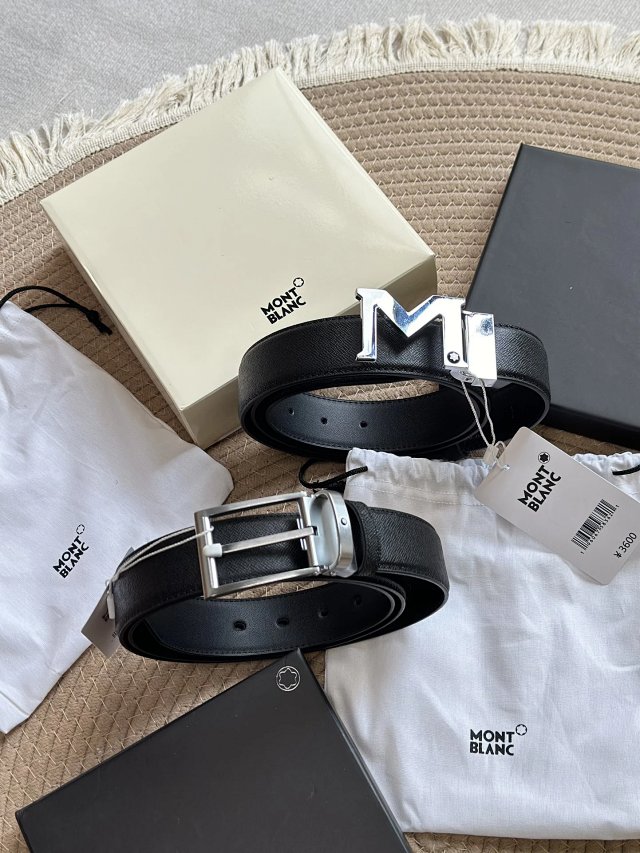 Montblanc Men Black Leather “M” Buckle Dress Belt