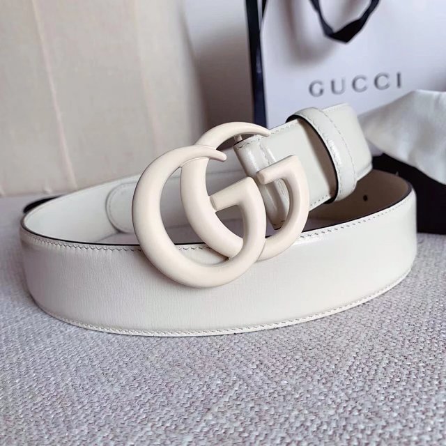Gucci White Leather Belt Double G Buckle Unisex Fashion