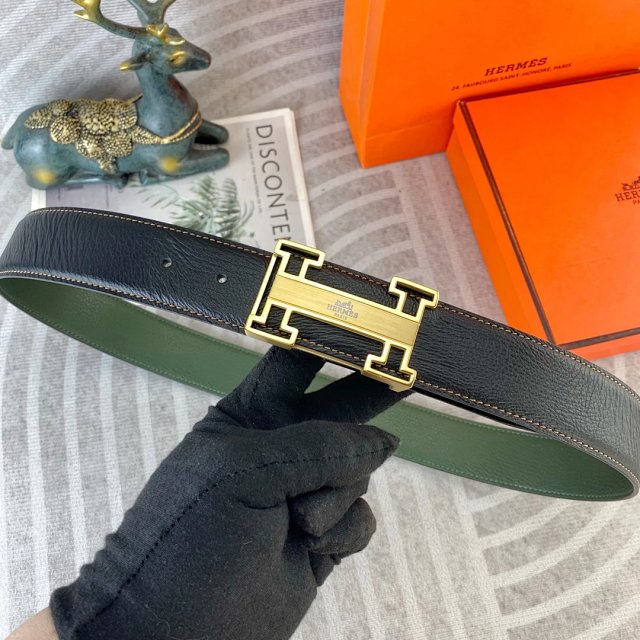 Hermes H Buckle Reversible Leather Belt Black Green
