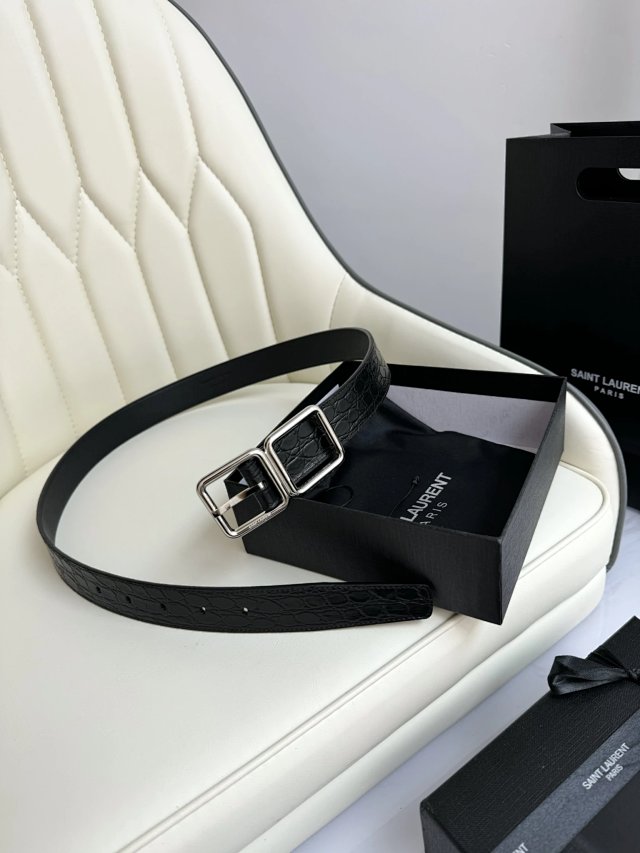 Saint Laurent Black Croc Embossed Leather Belt