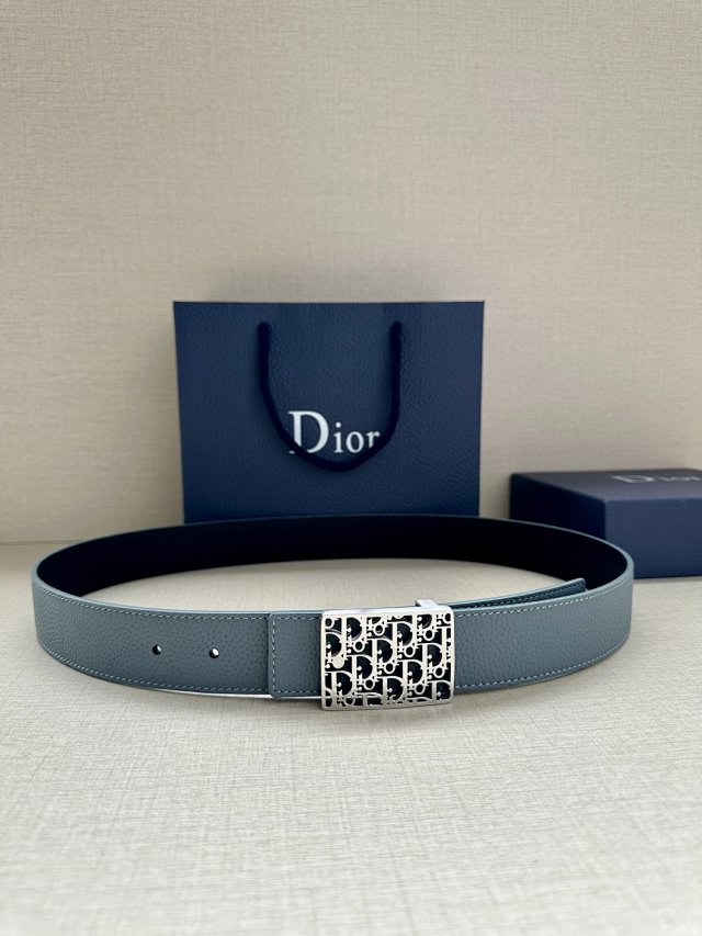 Dior Men Blue Grey Leather Belt Silver CD Buckle