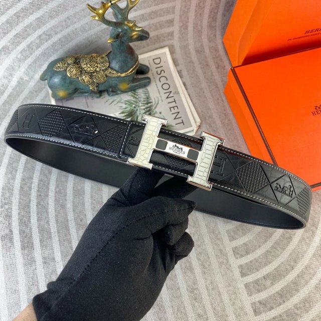 Hermes H Buckle Black Leather Belt Unisex Luxury