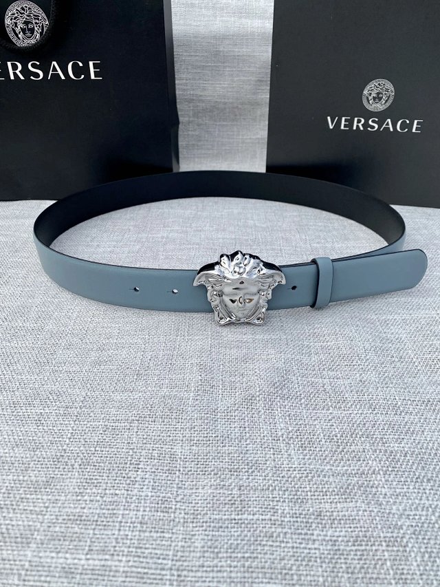 Versace Light Blue Leather Belt Medusa Silver Buckle