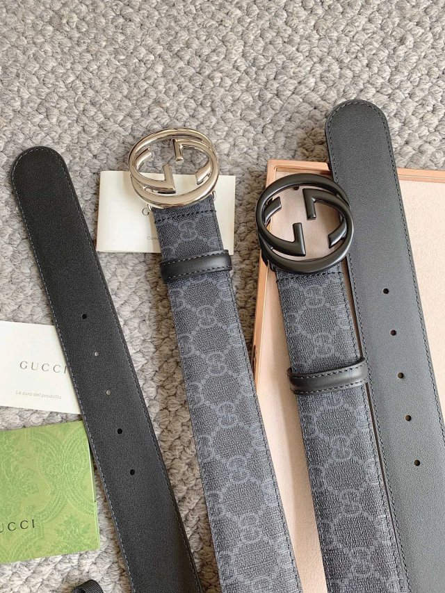 Gucci Grey GG Leather Belt Silver Buckle Unisex