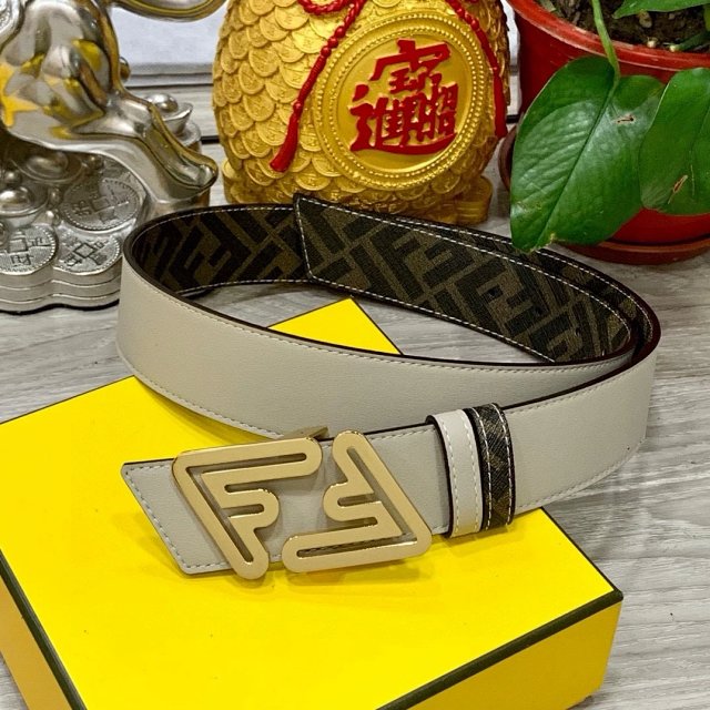 Fendi Grey Reversible Leather Belt Gold Logo
