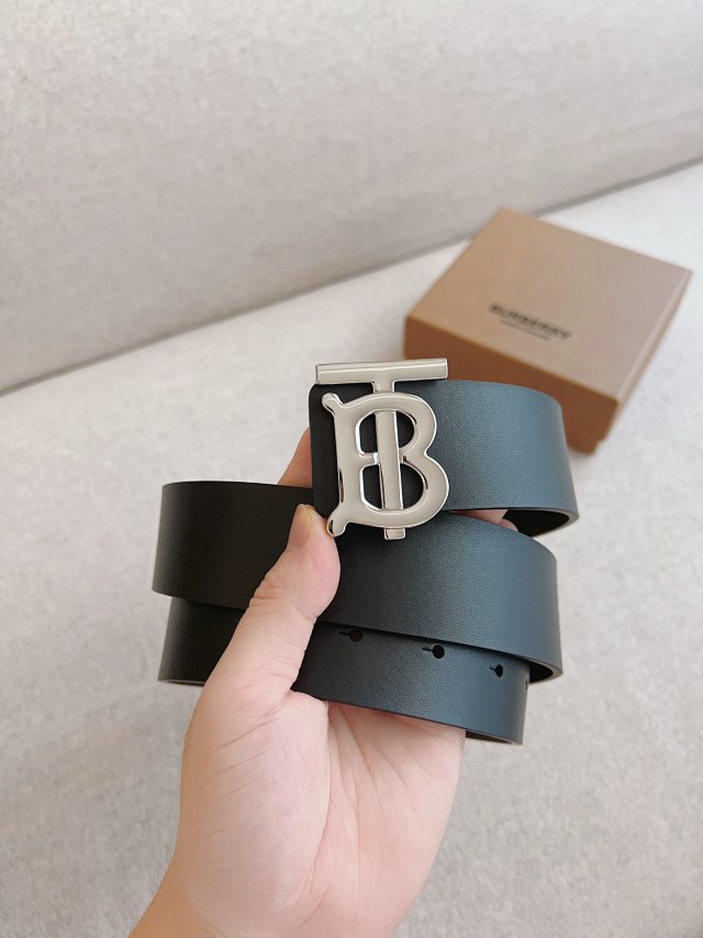 Burberry Black Leather Belt Silver TB Buckle