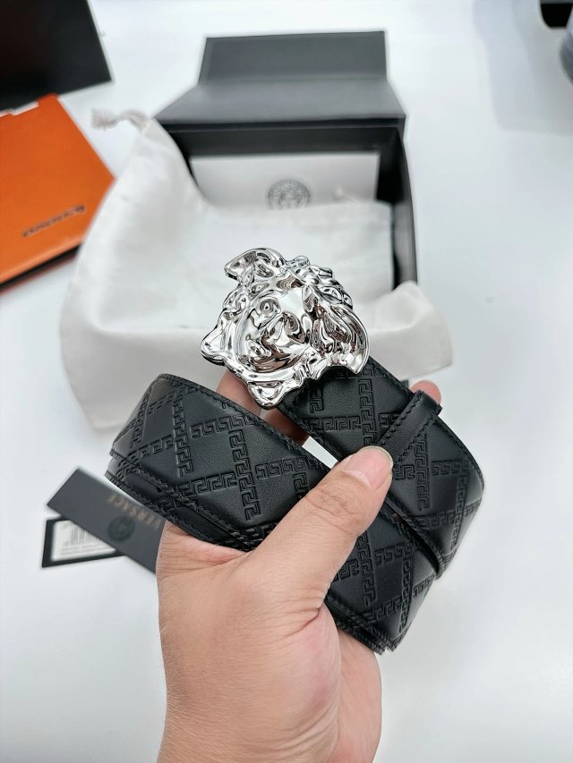 Versace Medusa Silver Buckle Black Leather Belt
