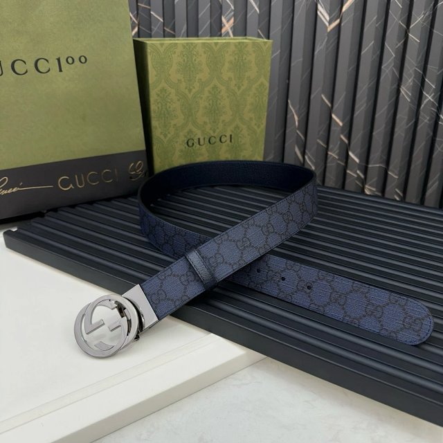 Gucci Navy GG Leather Belt Silver Buckle Unisex