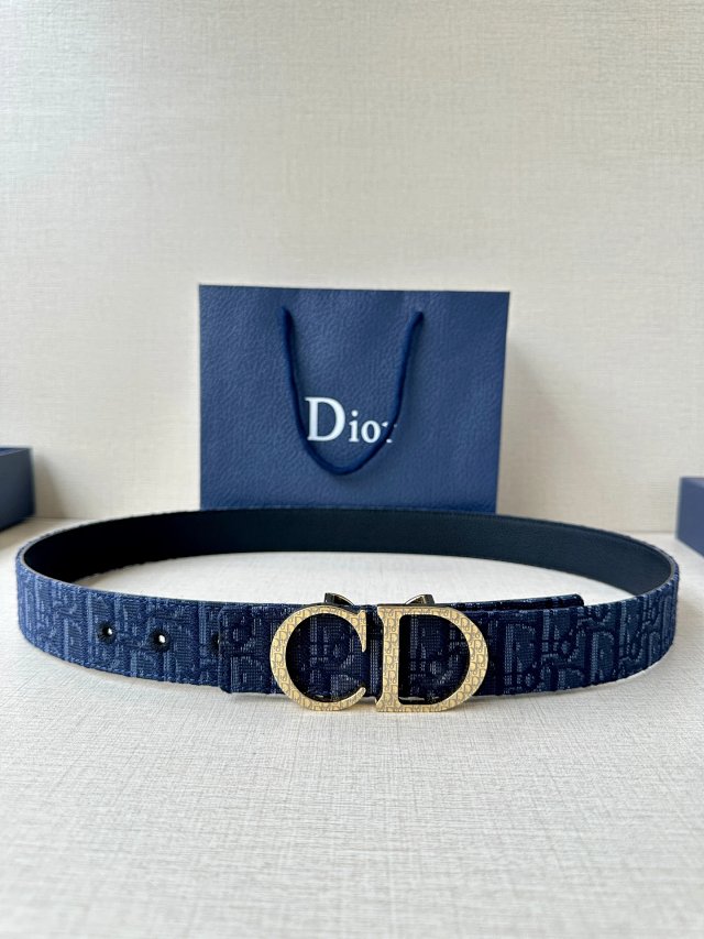Dior Oblique Deep Blue Leather Gold Buckle Belt