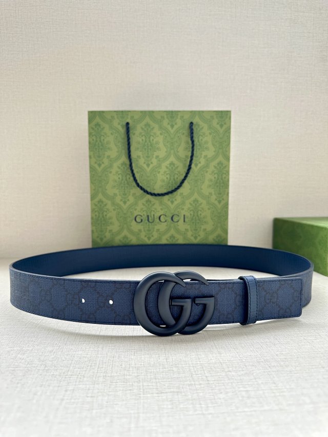 Gucci Blue GG Leather Belt Double G Buckle