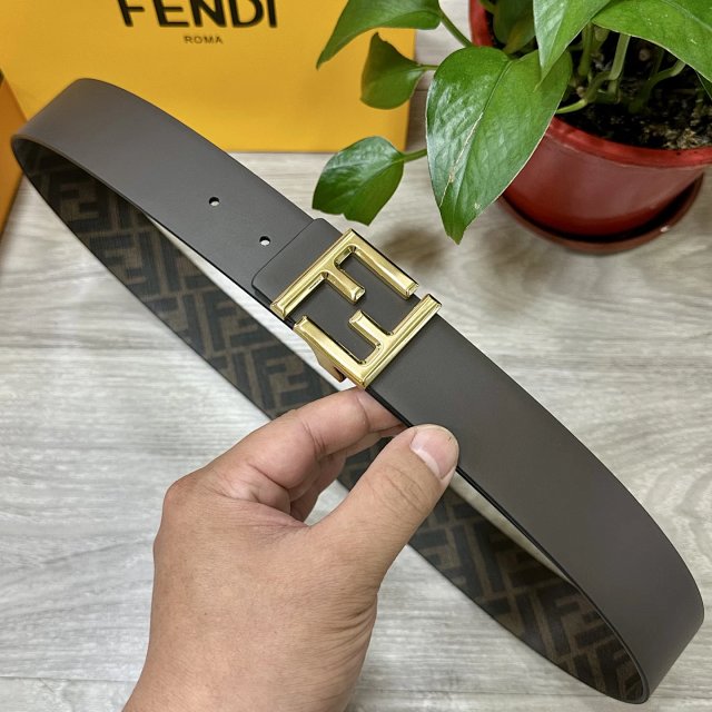 Fendi FF Gray Leather Reversible Gold Buckle Belt