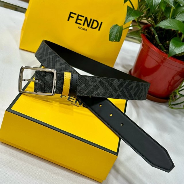 Fendi FF Logo Grey Black Leather Belt