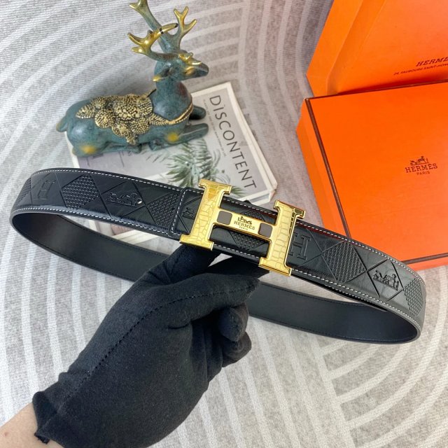 Hermes Black Leather Belt Gold H Buckle
