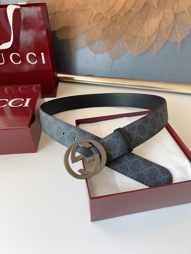Gucci Grey Black GG Leather Belt Double G Buckle