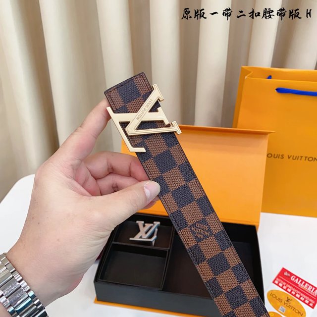 Louis Vuitton Damier Ebene Leather Belt Gold Buckle Men
