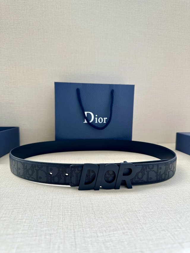 Dior Men Black Oblique Leather Belt with 3D Logo Buckle