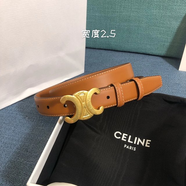 Celine Triomphe Brown Leather Belt Gold Buckle