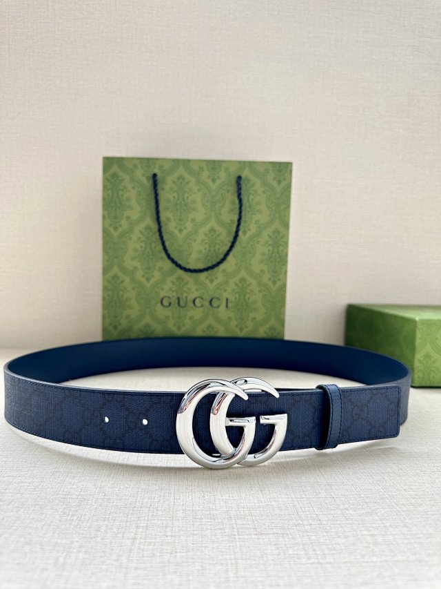 Gucci Blue GG Leather Belt Silver Double G Buckle