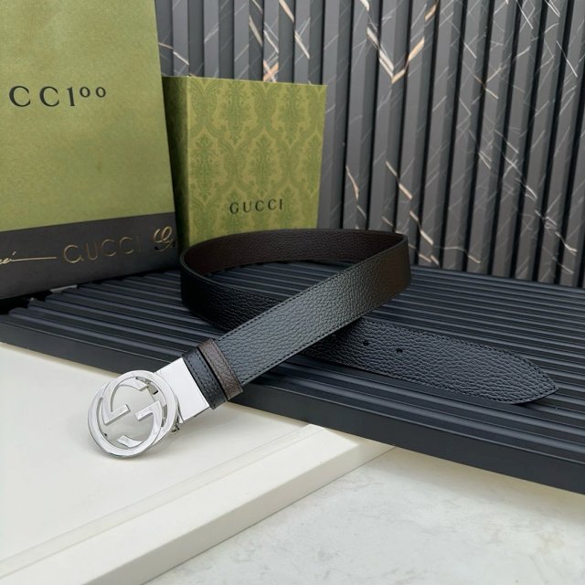 Gucci Men Black Leather Belt Silver GG Buckle