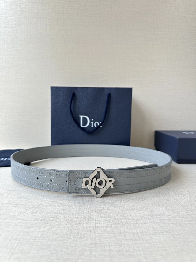Dior Grey Blue Leather Belt Metal Logo Unisex Fashion